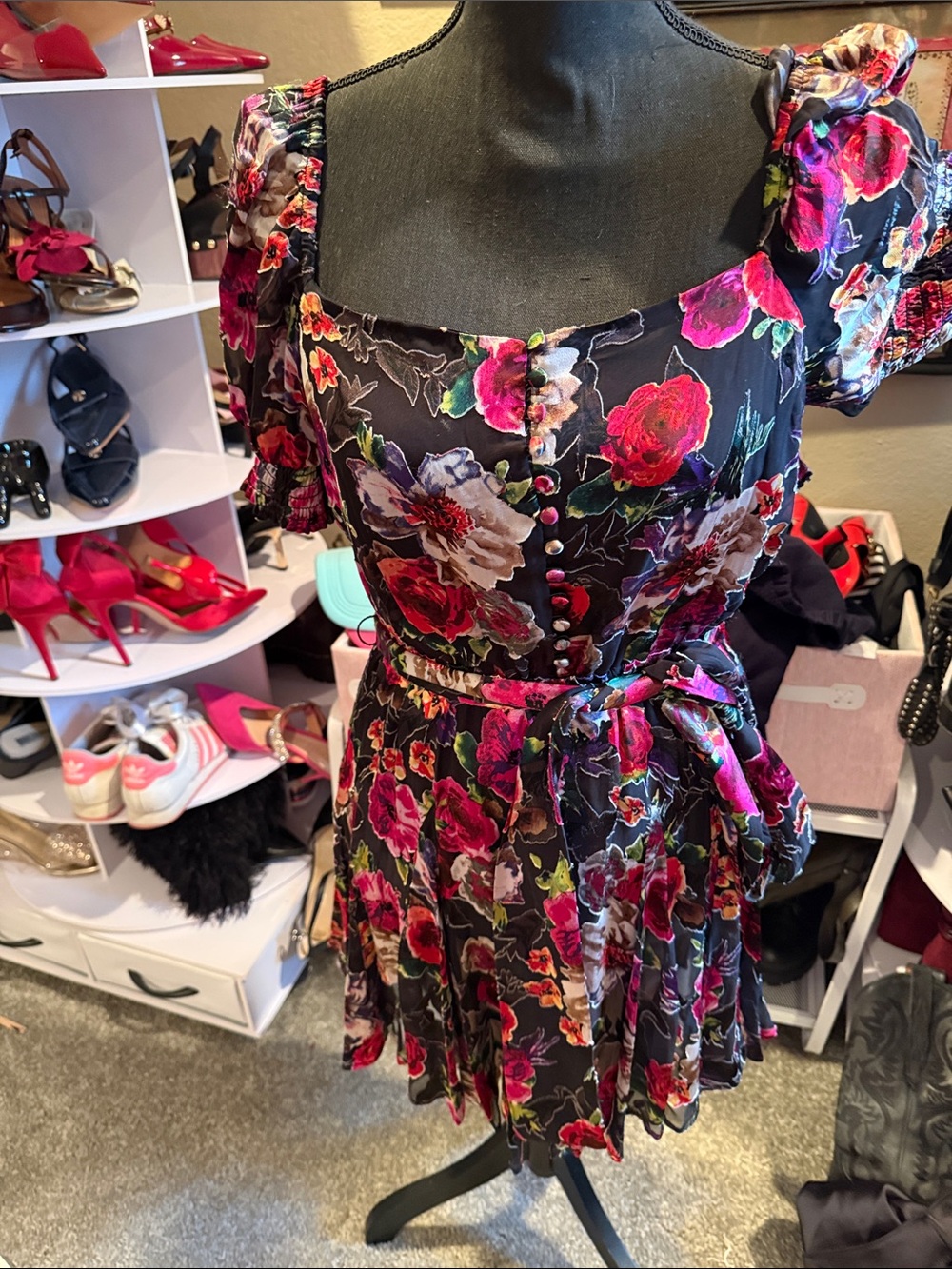 Alice + Olivia Black Floral Mini Dress with Pink & Red Accents